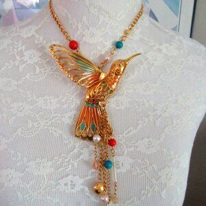 Gold tone enamel, bead & rhinestone hummingbird pendant signed MW - 7" length!